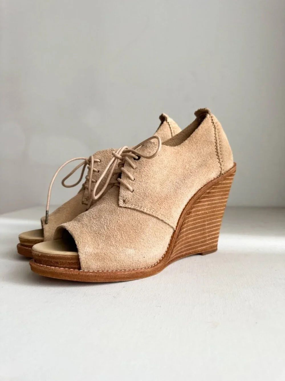 Rag and Bone Suede Peep Toe Light Beige Wedge Booties